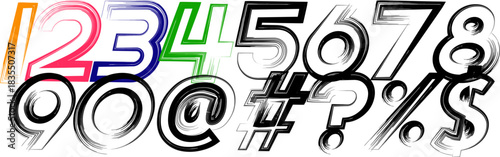 Hand drawn numbers and symbols brush stroke alphabet collection design