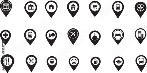 Set of black and white map location pin icons with various symbols isolated on