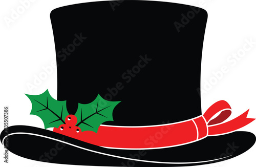 Black Christmas Top Hat with Holly – Festive Vector Illustration