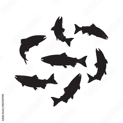 Salmon Fishes Silhouettes Collection, Salmon Silhouette, Fish Vector, Aquatic Wildlife Set