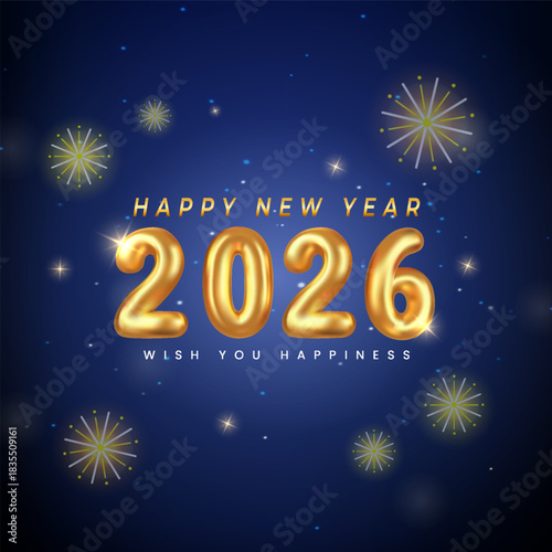 Golden 2026 New Year Celebration With Fireworks And Sparkling Balloons On Dark Blue Night Sky