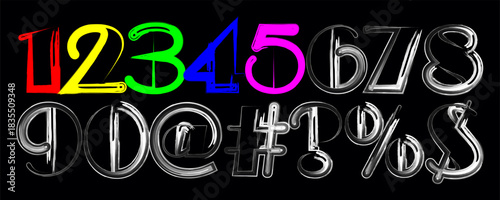 Vibrant Brushstroke Numbers Symbols Font on Black Background Digital Art