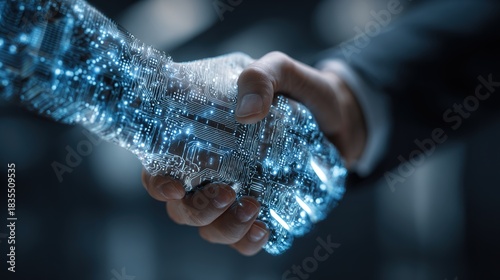 Digital handshake of Technology and Partnership: A striking visual of a human hand meeting a robotic hand, symbolizes the future of technology and human collaboration.