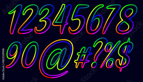 Vibrant Neon Numbers and Symbols on Dark Background for Graphic Design