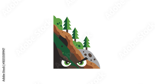 A rocky cliff with trees & green eyes