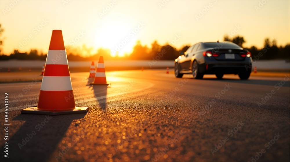 Naklejka premium sunset on a racetrack with three orange and white traffic cones on the left, a sleek, black sports car speeding on the right, 