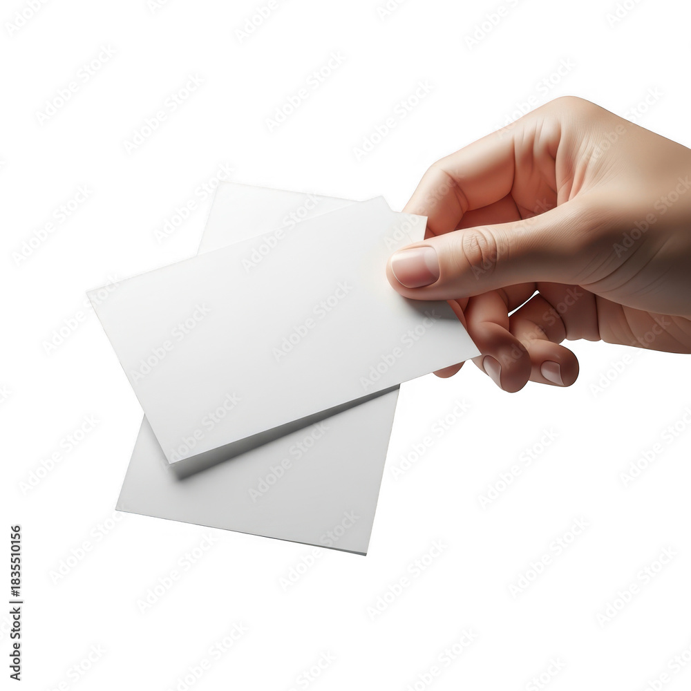 Fototapeta premium Hand holding a blank white business card above a small stack of cards isolated on transparent background