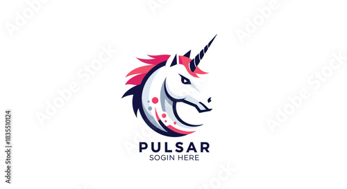 Stylized unicorn head with a sharp horn, red mane, and bold blue and white colors