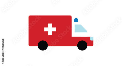 Stylized red ambulance with white cross, black wheels, blue light, and light blue windscreen