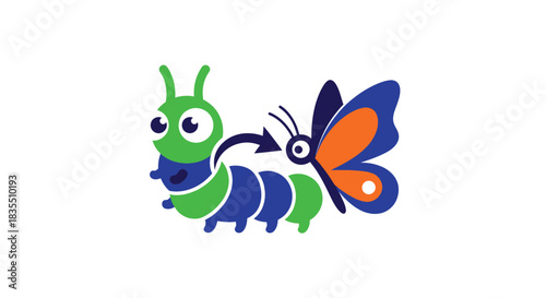 Cartoon transition caterpillar changing to butterfly