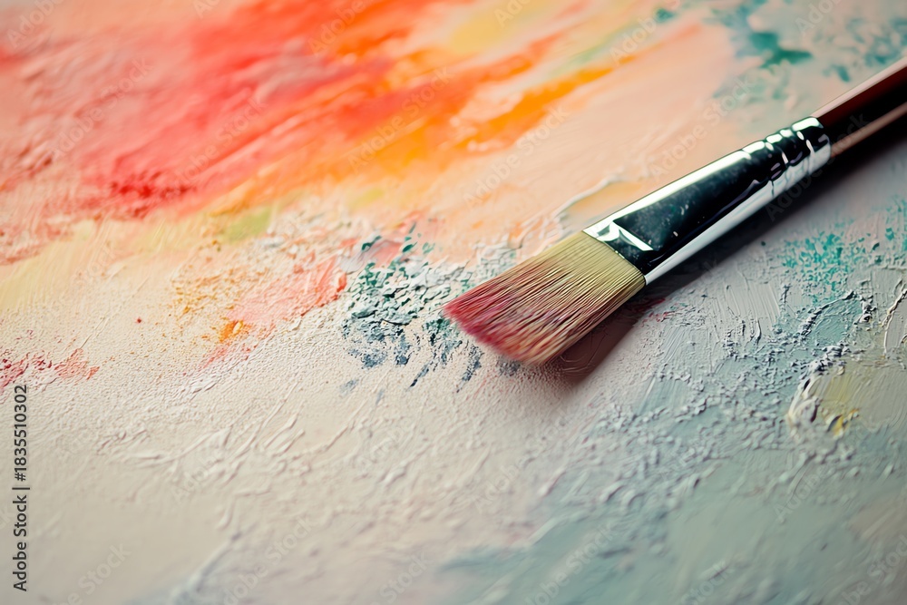 Fototapeta premium Close-up of a paintbrush on colorful canvas.