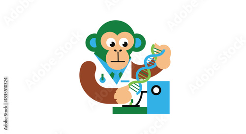 Geometric monkey scientist examining a DNA strand