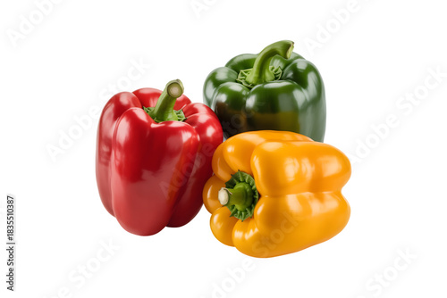 Trio of Colorful Bell Peppers Red Yellow and Green are Grouped Together on Transparent Background Offering Vibrant Colors for Cooking and Culinary Purposes