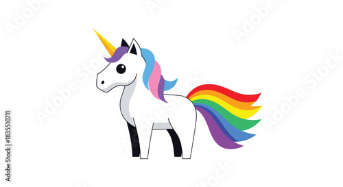 Cartoon unicorn white with rainbow mane, tail, golden horn, black hooves, and simplified features