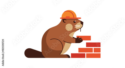 Cartoon beaver in orange hardhat builds brick wall with flat vector shapes