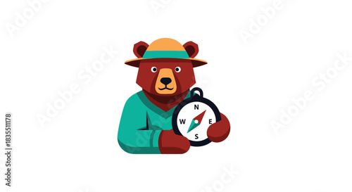 Cartoon bear in hat with compass, colorful and angular style
