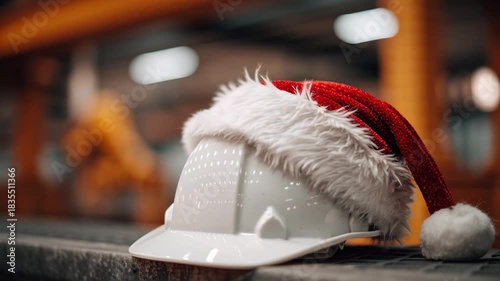White Hard Hat Wearing a Festive Red Santa Hat in a Warmly Lit Industrial Factory with Bokeh Background