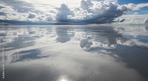 Reflections mirroring clouds on a vast expanse creating serene view