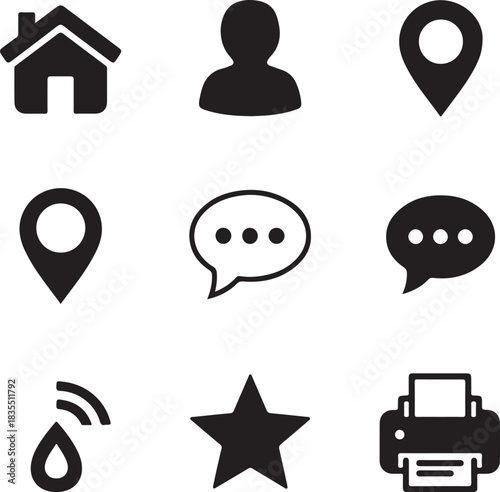 Nine Black Icons For Home User Chat Star Printer And Wifi