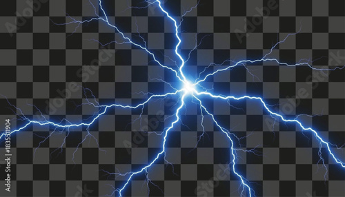 Illustration of a bright flash of blue lightning strikes radiating outward against a transparent background. Great for use in science, weather, and energy related projects. 145 characters.