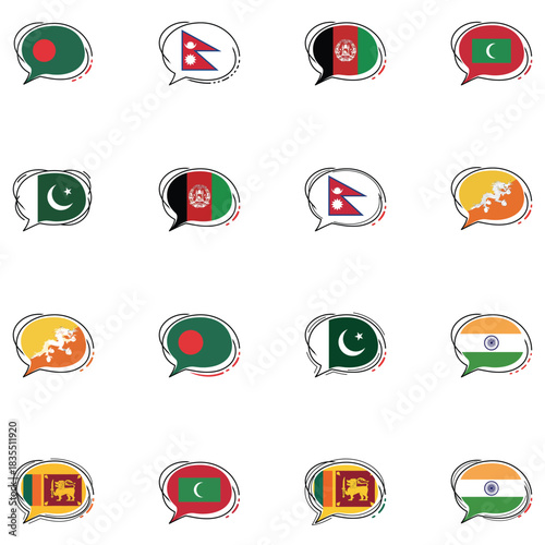 National flags of South Asian countries inside cartoon speech bubbles vector