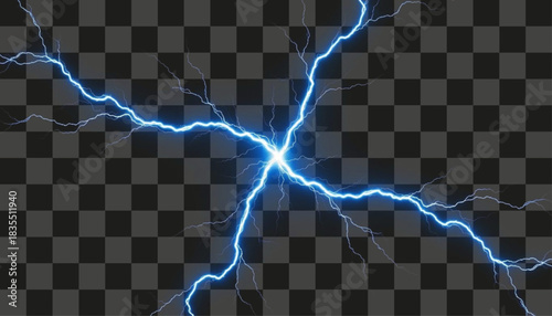 Striking blue lightning bolts radiate from a central point, creating a powerful burst of energy. The transparent background enhances the visual impact for special effects compositing.