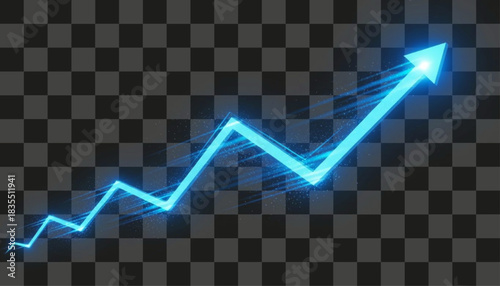 Glowing blue arrow pointing upwards with a jagged line indicating growth and progress. Symbolizes financial success, business growth, and positive trends in a dynamic and visually appealing design.