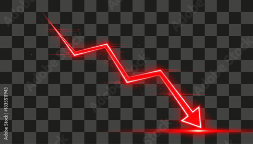 Red neon arrow pointing down on transparent background. Symbolizes financial loss, economic recession, market crash, or negative trends. Useful for business and economic concepts. 159 characters.