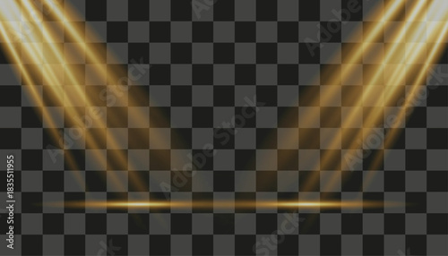 Golden light effect with beams shining down, illuminating a stage or display area. Vector illustration of bright, warm light rays on a transparent checkered backdrop. Great for product promotion.