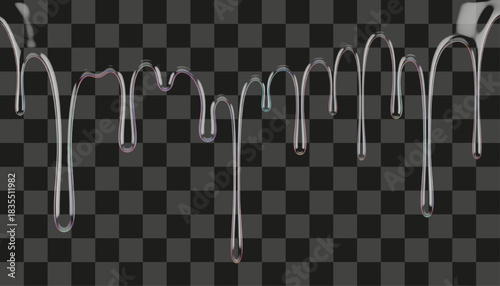 Clear liquid drips with reflections and transparency, creating a sleek and modern design element. Perfect for adding a touch of fluidity to various creative projects and designs.