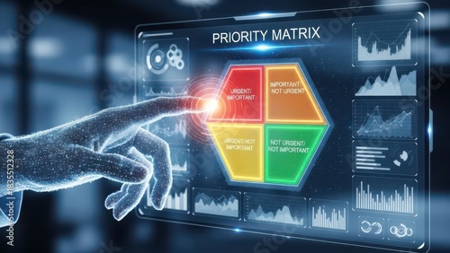 Digital priority matrix display with touching futuristic hand analysis