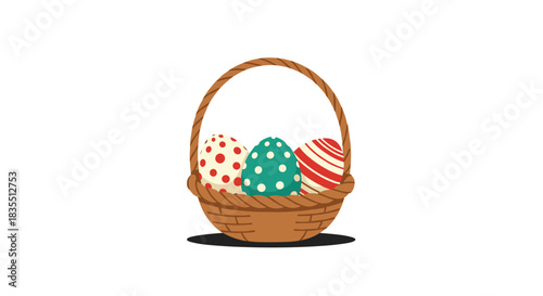 Illustration of a woven basket filled with three decorated Easter eggs on a white background.