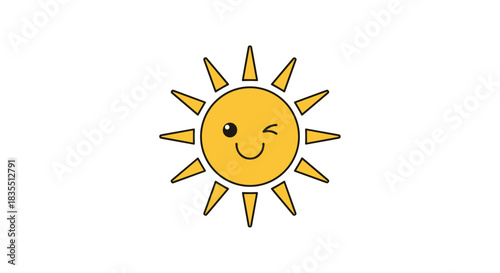 A cute yellow sun with rays and a happy winking face against a white background.