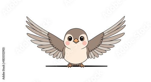 A cute cartoon bird with outstretched wings, a symbol of freedom and flight, isolated on white with a black line.