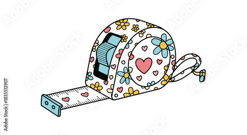 A cute, decorative tape measure with a floral and heart pattern, perfect for crafting, sewing, or home decor projects.