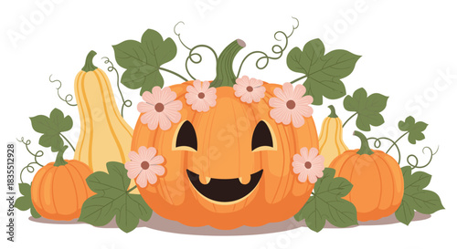 Whimsical Halloween pumpkin with flowers and autumn gourds surrounded by leaves.