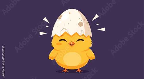 Cute yellow chick hatching from an egg with a big smile on purple background for easter concept.