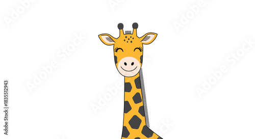 Illustration of a cute and smiling giraffe with black spots and eyelashes looking at the viewer on a white background.
