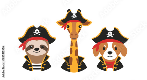 Three cute cartoon animals, a sloth, a giraffe, and a dog, dressed as pirates with hats and bandanas, standing on a white background.