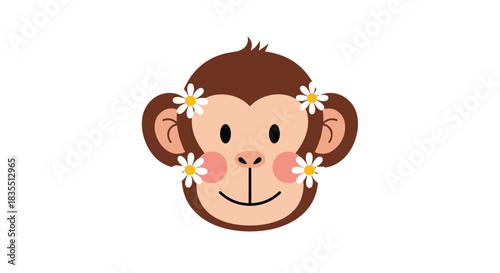 Cute cartoon monkey face with daisies in its fur, smiling with rosy cheeks.