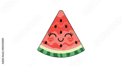 Cute cartoon slice of watermelon with a happy face and hearts on a white background.