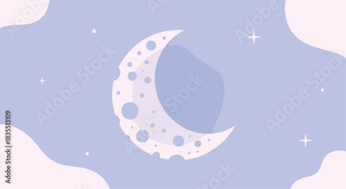 A serene, whimsical illustration of a crescent moon, stars, and clouds in a soft pastel night sky, perfect for backgrounds and designs.