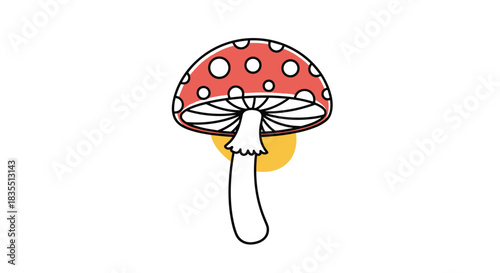 Cute red mushroom with white spots and a yellow circle behind it, isolated on white background.