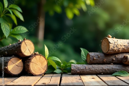 Wooden Logs and Lush Greenery on Rustic Wooden Surface A Natural Still Life Photography