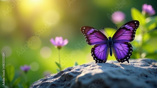 A vibrant purple butterfly rests gently on a sunlit rock, surrounded by delicate wildflowers in a serene natural setting