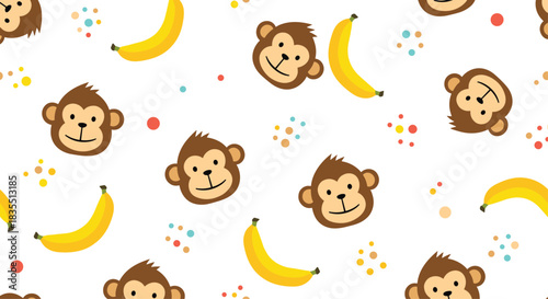 A charming seamless pattern with cute cartoon monkey faces and yellow bananas on a white background featuring colorful polka dots.
