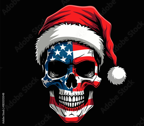 Biker vector сhristmas t-shirt design with human skull
with usa flag mask in santa claus new year hat
on black background. Fashionable american print 
for fabric, paper, men clothing, hoodie, jacket. 