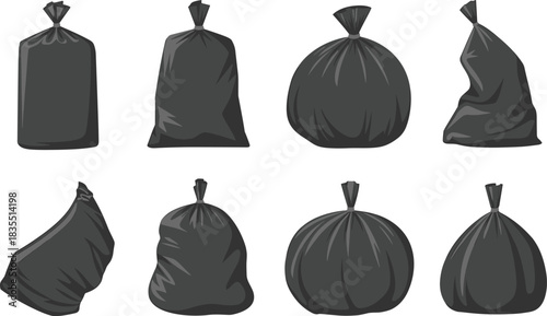 Cartoon garbage bags, black trash sacks, tied refuse, waste disposal, sanitation icons, vector illustration, clutter, full bags, cleanup