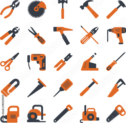 Cartoon tool illustration, pliers, saw, hammer, screwdriver, drill, wrench, scissors, construction tools, DIY vector, orange black icons
