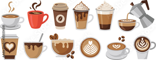 Coffee drinks illustration, espresso, latte art, cappuccino, moka pot, iced coffee, whipped cream, beans, steam, cartoon style, vector